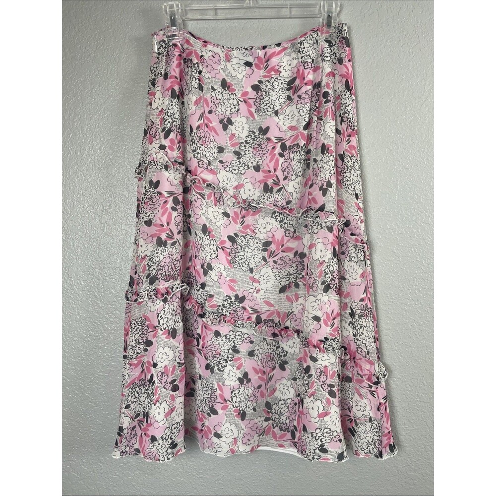 Pendleton Silk Skirt Women's Sz 8 Pink Black Floral Tiered Midi Ruffle Hem Fairy